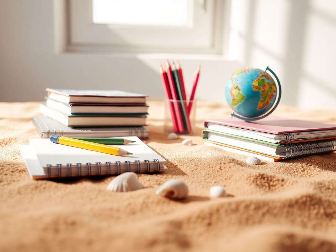 School notebooks, colored pencils and a globe on warm sand